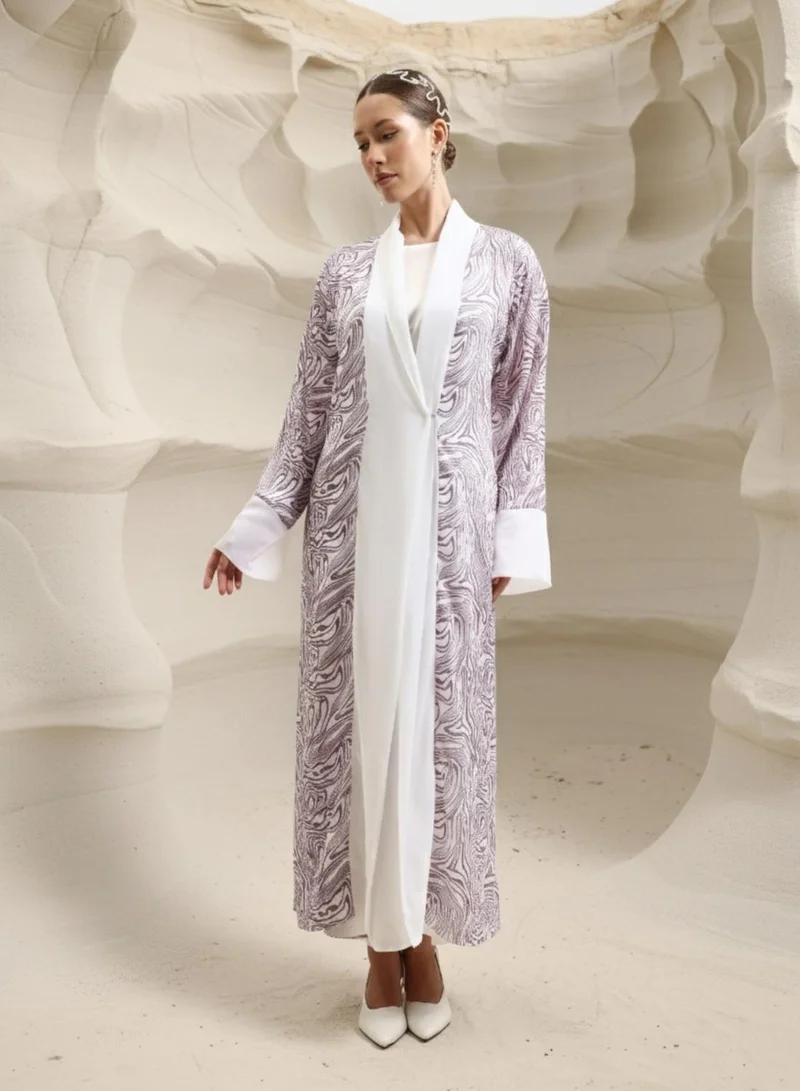 Ishin  Mauve Abstract print layered Abaya with Hijab for Women | Best Price UAE